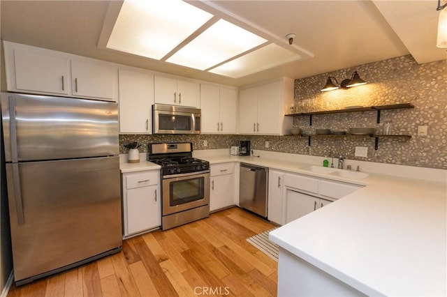 41764 Brownie Ln Unit 5, Big Bear Lake, CA 92315 - kitchen featuring appliances with stainless steel finishes, a sink, light countertops, white cabinets, and light wood-type flooring