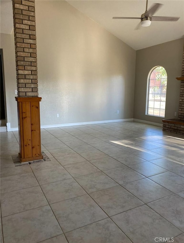 23570 Brook Dr, Canyon Lake, CA 92587 - spare room with a ceiling fan, high vaulted ceiling, light tile patterned floors, and baseboards