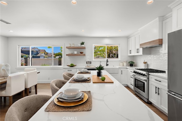 kitchen featuring appliances with stainless steel finishes, a sink, wood finished floors, decorative backsplash, and recessed lighting