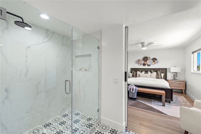 full bathroom featuring ensuite bath, a marble finish shower, recessed lighting, wood finished floors, and a ceiling fan