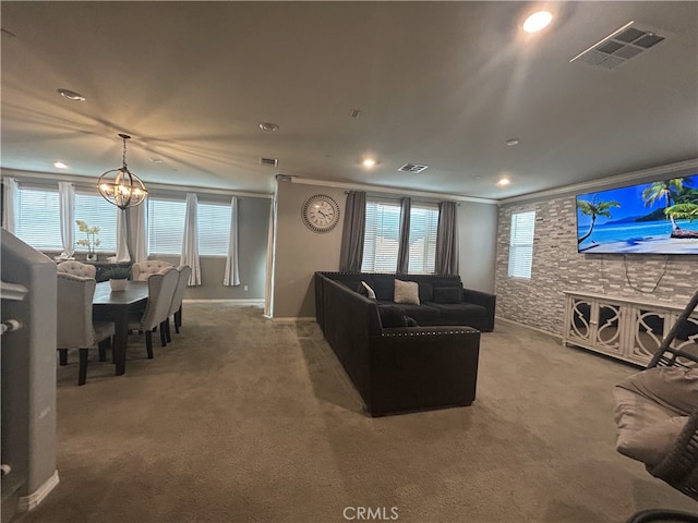 16654 Emerson Ln, Fontana, CA 92336 - living area with carpet flooring, ornamental molding, recessed lighting, plenty of natural light, and a chandelier