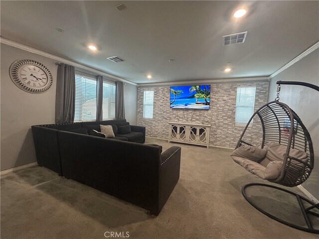 16654 Emerson Ln, Fontana, CA 92336 - carpeted living area featuring crown molding, healthy amount of natural light, and recessed lighting