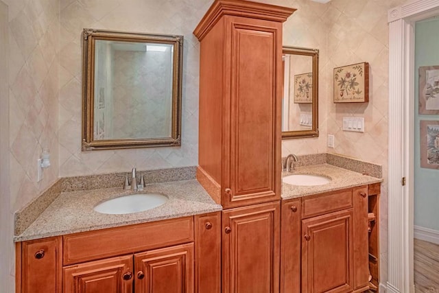 5221 Olive Hill Rd, Fallbrook, CA 92028 - full bathroom with tile walls, double vanity, and backsplash