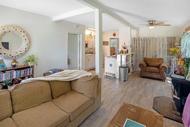 5221 Olive Hill Rd, Fallbrook, CA 92028 - living room with light wood-type flooring, a ceiling fan, and beamed ceiling