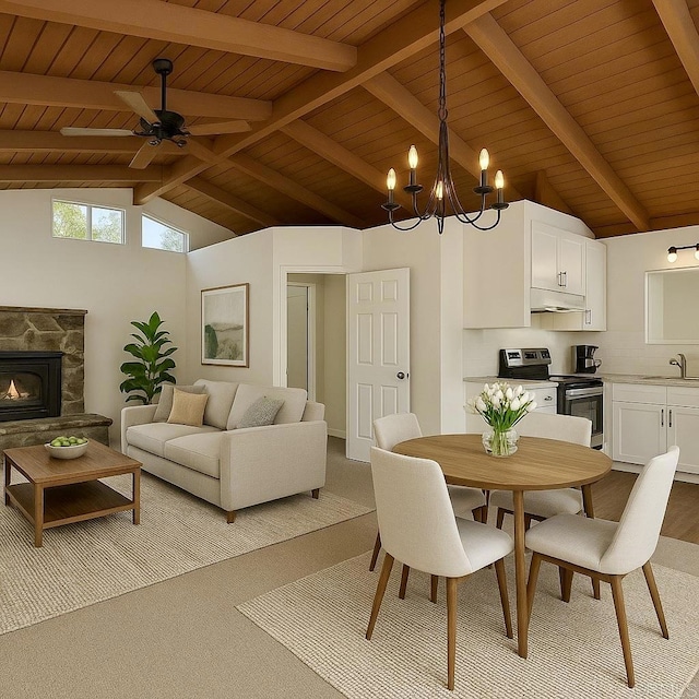 5221 Olive Hill Rd, Fallbrook, CA 92028 - dining space featuring wood ceiling, ceiling fan, light carpet, a chandelier, and a fireplace