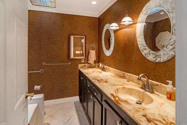 5221 Olive Hill Rd, Fallbrook, CA 92028 - bathroom with crown molding, double vanity, baseboards, and tile patterned flooring