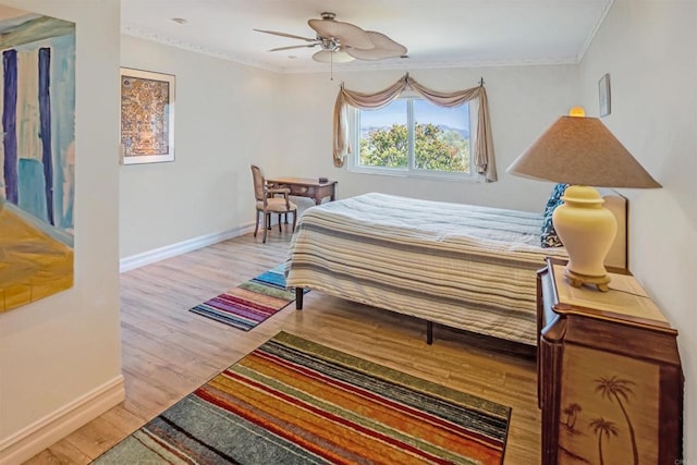 5221 Olive Hill Rd, Fallbrook, CA 92028 - bedroom with baseboards, ornamental molding, wood finished floors, and a ceiling fan