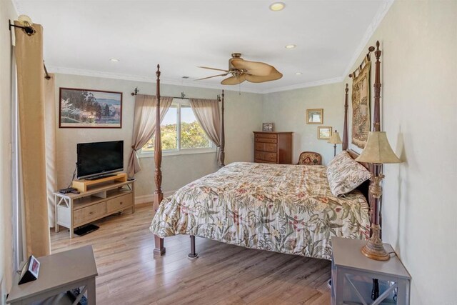 5221 Olive Hill Rd, Fallbrook, CA 92028 - bedroom with ornamental molding, wood finished floors, recessed lighting, baseboards, and ceiling fan