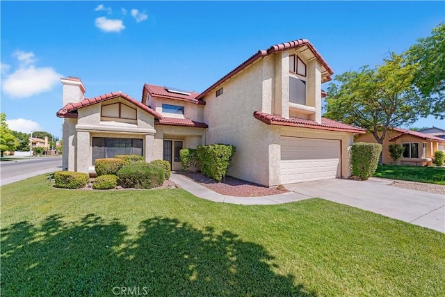 mediterranean / spanish house featuring stucco siding, an attached garage, a tile roof, solar panels, and a chimney