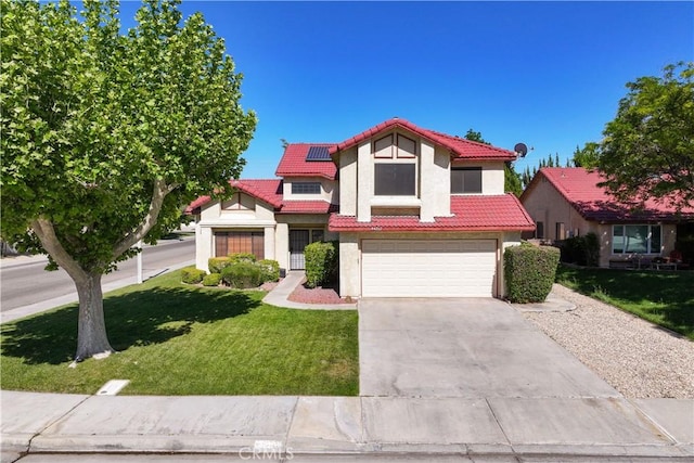 view of front of house featuring a tile roof, solar panels, stucco siding, a garage, and a front lawn