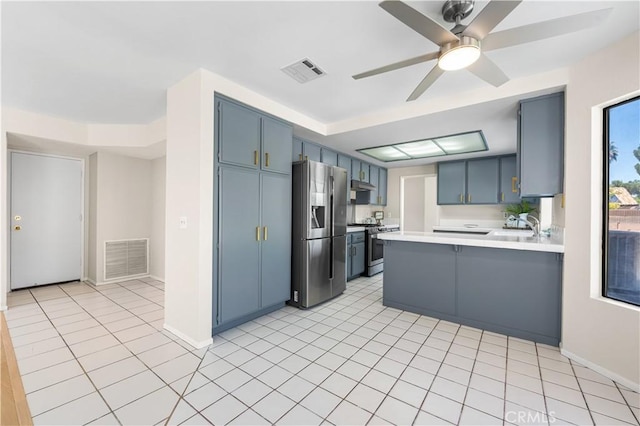 kitchen with appliances with stainless steel finishes, a peninsula, light countertops, a ceiling fan, and baseboards