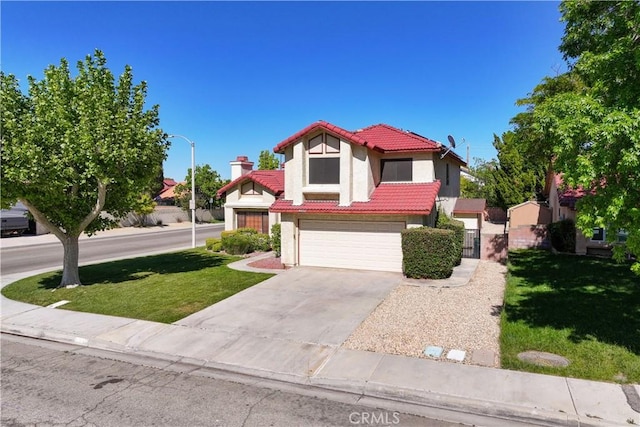 view of front of property with a tile roof, stucco siding, an attached garage, concrete driveway, and a front lawn