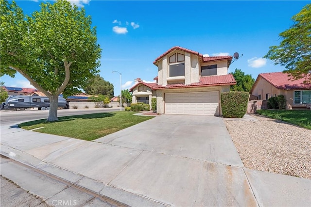 mediterranean / spanish house with a tiled roof, stucco siding, a garage, concrete driveway, and a front lawn