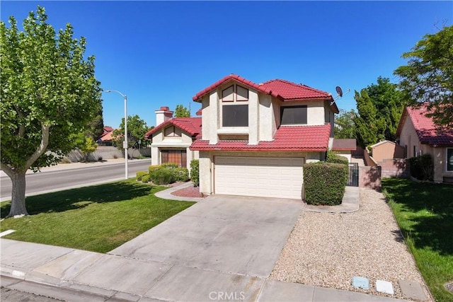 mediterranean / spanish-style house with a tiled roof, stucco siding, an attached garage, a front lawn, and driveway