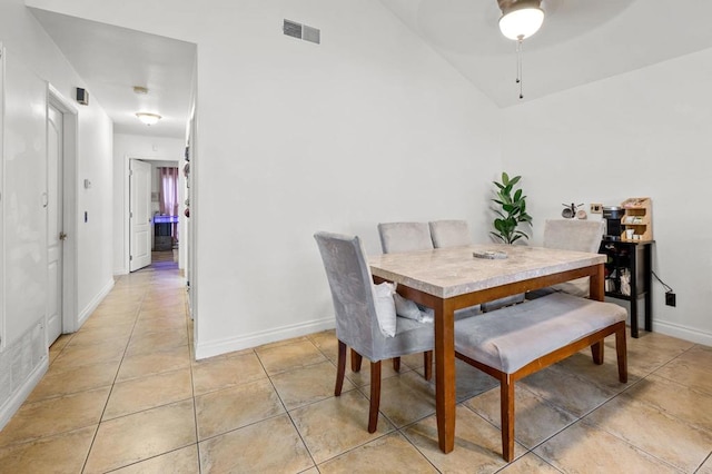 3470 Peach Tree Way, Oceanside, CA 92058 - dining space featuring a ceiling fan, baseboards, light tile patterned flooring, and vaulted ceiling
