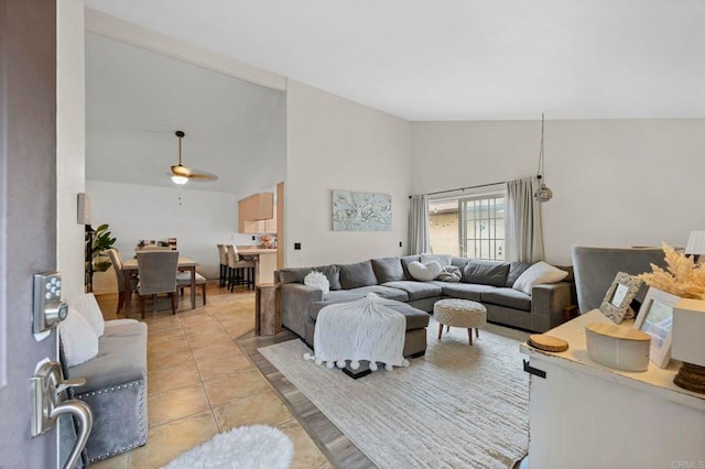3470 Peach Tree Way, Oceanside, CA 92058 - living area featuring light tile patterned flooring, ceiling fan, and high vaulted ceiling