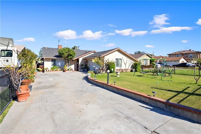 1118 Kwis Ave, Hacienda Heights, CA 91745 - ranch-style home with driveway, a residential view, a playground, and a garage