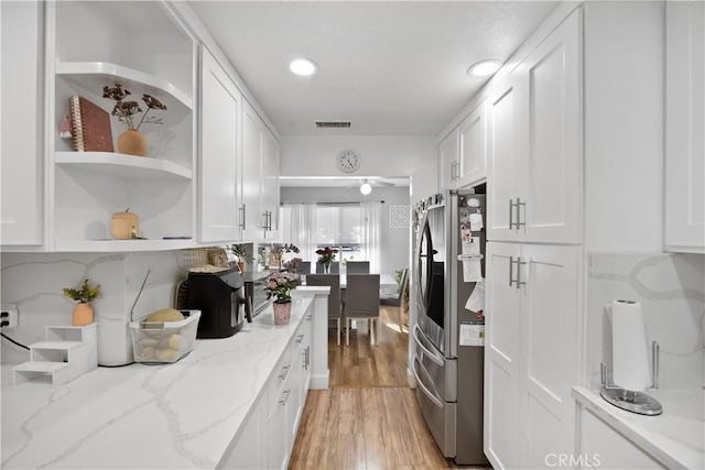 1118 Kwis Ave, Hacienda Heights, CA 91745 - kitchen featuring stainless steel fridge, open shelves, white cabinetry, light wood-type flooring, and recessed lighting