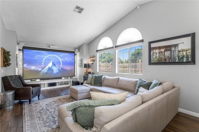 33693 Cattle Creek Rd, Acton, CA 93510 - home theater room featuring wood finished floors, a textured ceiling, vaulted ceiling, and baseboards