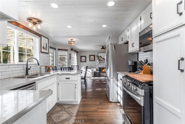 33693 Cattle Creek Rd, Acton, CA 93510 - kitchen featuring a sink, stainless steel appliances, white cabinets, dark wood-style flooring, and light countertops
