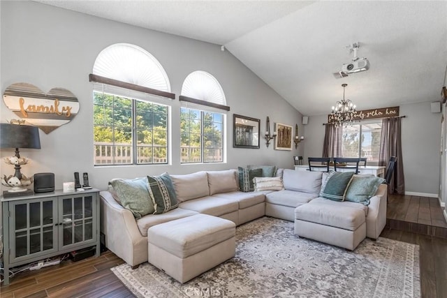 33693 Cattle Creek Rd, Acton, CA 93510 - living room with wood finished floors, a chandelier, and vaulted ceiling