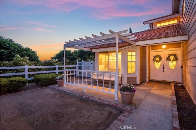 33693 Cattle Creek Rd, Acton, CA 93510 - entrance to property with a tiled roof, a pergola, and a patio