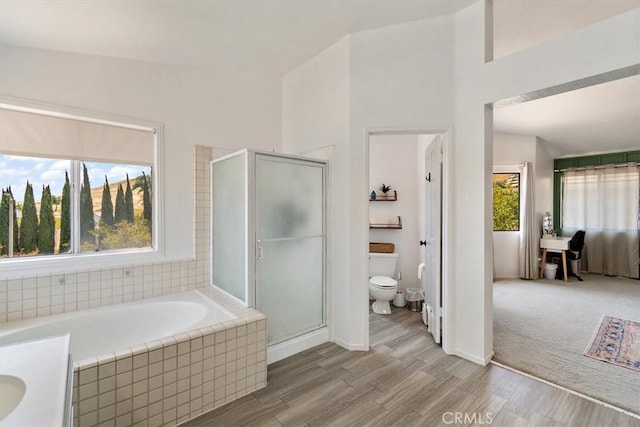6517 Via Del Prado, Chino Hills, CA 91709 - bathroom with toilet, a bath, wood finished floors, a shower stall, and vanity