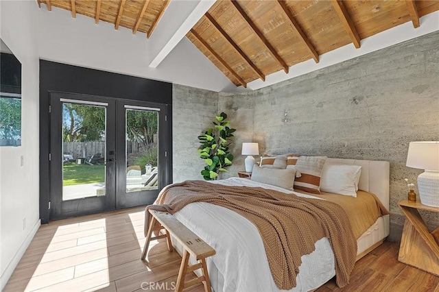 31303 Andres Pico Rd, San Juan Capistrano, CA 92675 - bedroom featuring french doors, wood ceiling, access to exterior, beamed ceiling, and light wood-style floors