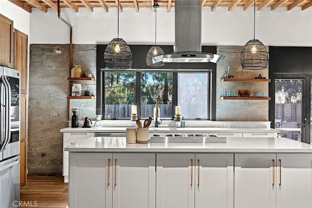 31303 Andres Pico Rd, San Juan Capistrano, CA 92675 - kitchen featuring open shelves, smart refrigerator, island exhaust hood, wood finished floors, and light countertops