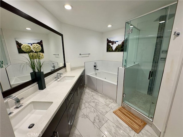 1310 E Ocean Blvd Unit 101, Long Beach, CA 90802 - full bath with marble look tiles, a garden tub, a stall shower, double vanity, and recessed lighting