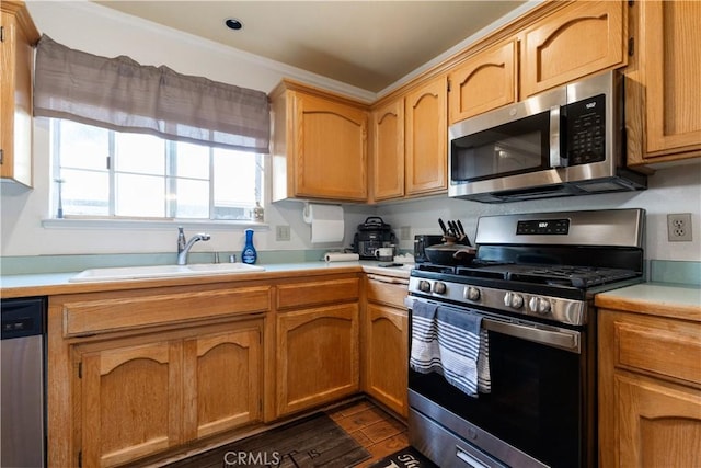 4524 Mananita Ave, Atascadero, CA 93422 - kitchen with stainless steel appliances, a sink, light countertops, and dark wood-style flooring