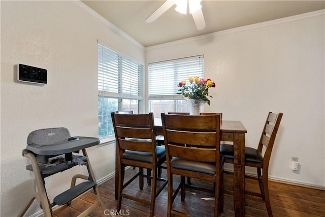 4524 Mananita Ave, Atascadero, CA 93422 - dining area featuring wood finished floors, ornamental molding, ceiling fan, and baseboards