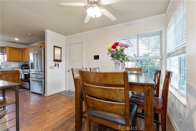 4524 Mananita Ave, Atascadero, CA 93422 - dining room with ornamental molding, dark wood-style floors, ceiling fan, and recessed lighting