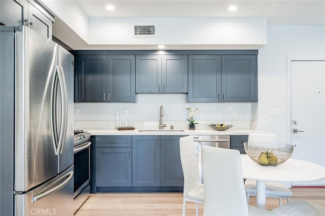 kitchen with appliances with stainless steel finishes, a sink, light countertops, light wood finished floors, and recessed lighting