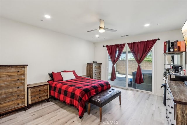 29167 Moraga St, Menifee, CA 92584 - bedroom featuring light wood finished floors, access to exterior, recessed lighting, and a ceiling fan
