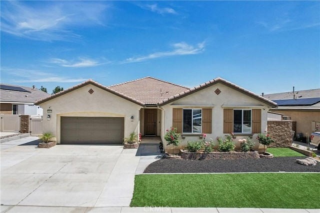 29167 Moraga St, Menifee, CA 92584 - view of front facade with stucco siding, a garage, a tile roof, and driveway