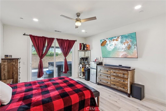 29167 Moraga St, Menifee, CA 92584 - bedroom featuring access to exterior, wood finished floors, a ceiling fan, recessed lighting, and baseboards