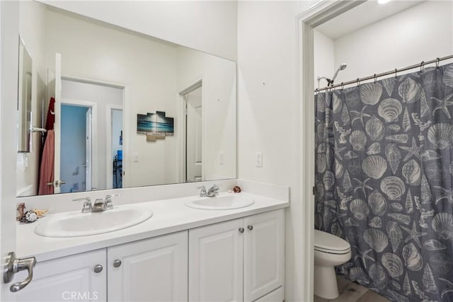 29167 Moraga St, Menifee, CA 92584 - full bath featuring toilet, double vanity, and a shower with curtain