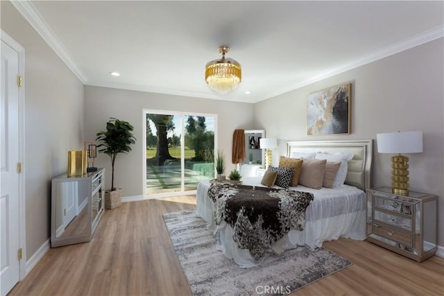 4325 N Country Club Ln, Long Beach, CA 90807 - bedroom with access to exterior, wood finished floors, ornamental molding, baseboards, and recessed lighting
