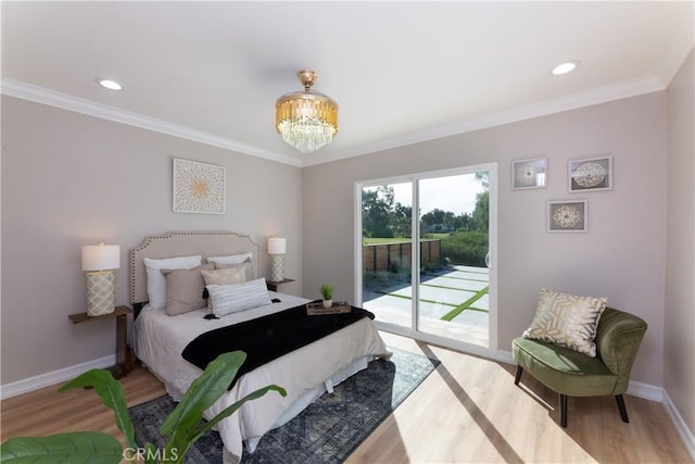 4325 N Country Club Ln, Long Beach, CA 90807 - bedroom featuring access to exterior, wood finished floors, baseboards, ornamental molding, and a chandelier