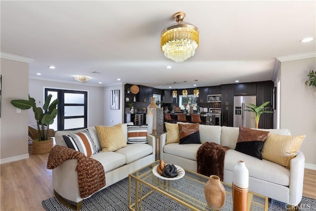 4325 N Country Club Ln, Long Beach, CA 90807 - living room featuring light wood-type flooring, a chandelier, crown molding, healthy amount of natural light, and recessed lighting