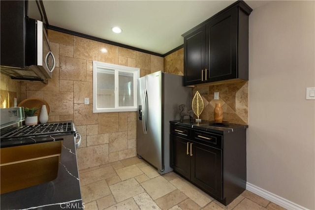 4325 N Country Club Ln, Long Beach, CA 90807 - kitchen featuring appliances with stainless steel finishes, tasteful backsplash, dark countertops, dark cabinets, and recessed lighting