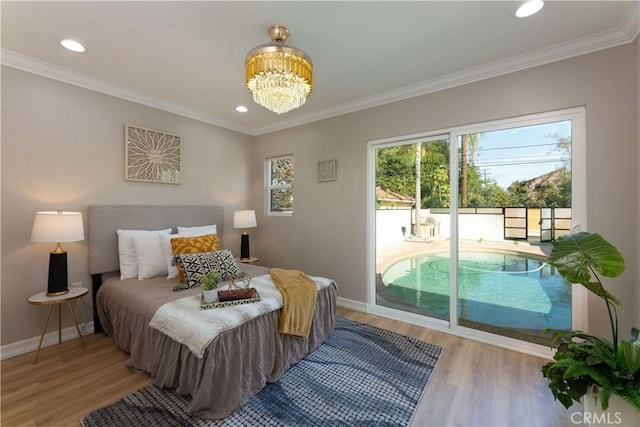 4325 N Country Club Ln, Long Beach, CA 90807 - bedroom with access to exterior, wood finished floors, baseboards, ornamental molding, and recessed lighting