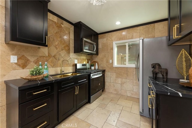 4325 N Country Club Ln, Long Beach, CA 90807 - kitchen featuring stainless steel appliances, a sink, dark cabinets, stone tile flooring, and dark countertops