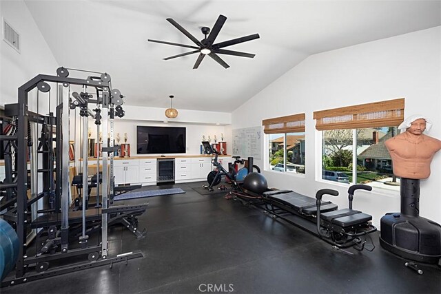 24132 Snipe Ln, Laguna Niguel, CA 92677 - workout room with ceiling fan, vaulted ceiling, and wine cooler