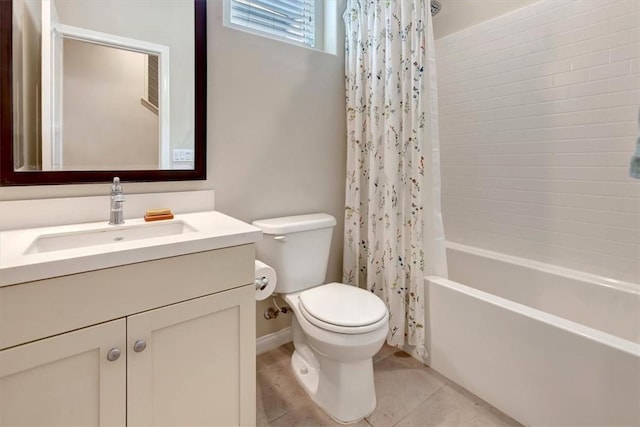 10561 Cannon Dr, Rancho Cucamonga, CA 91730 - bathroom with toilet, shower / bathtub combination with curtain, vanity, and tile patterned floors