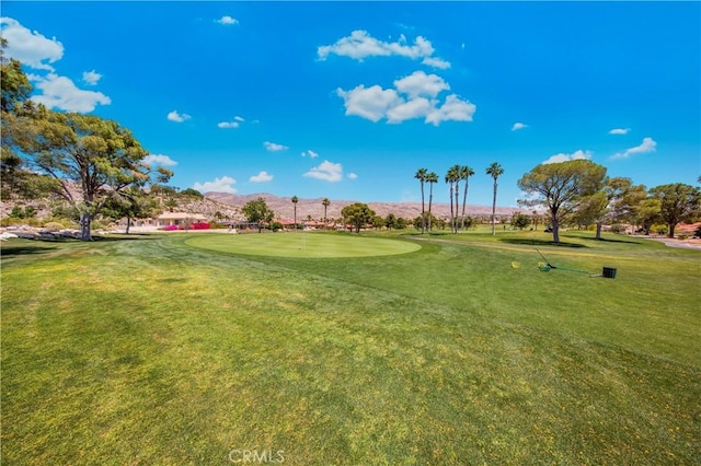 9653 Spyglass Ave Unit 99, Desert Hot Springs, CA 92240 - view of home's community featuring a mountain view, a putting area, view of golf course, and a lawn
