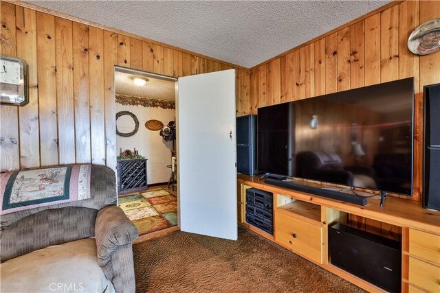 22972 Valley View Dr, Crestline, CA 92325 - carpeted living area featuring wooden walls and a textured ceiling