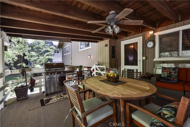 22972 Valley View Dr, Crestline, CA 92325 - view of patio with ceiling fan, a grill, and outdoor dining area