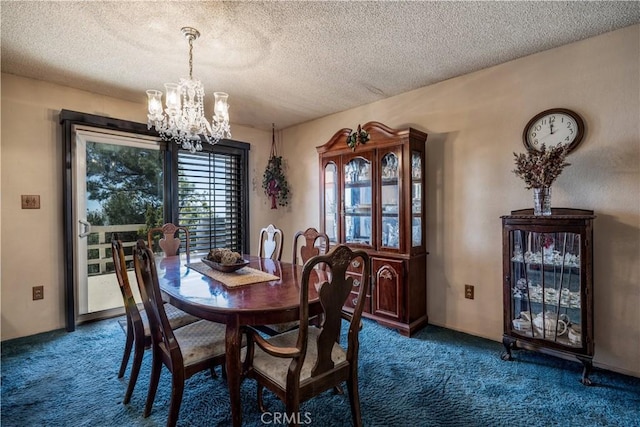 22972 Valley View Dr, Crestline, CA 92325 - dining space featuring a chandelier, carpet floors, and a textured ceiling